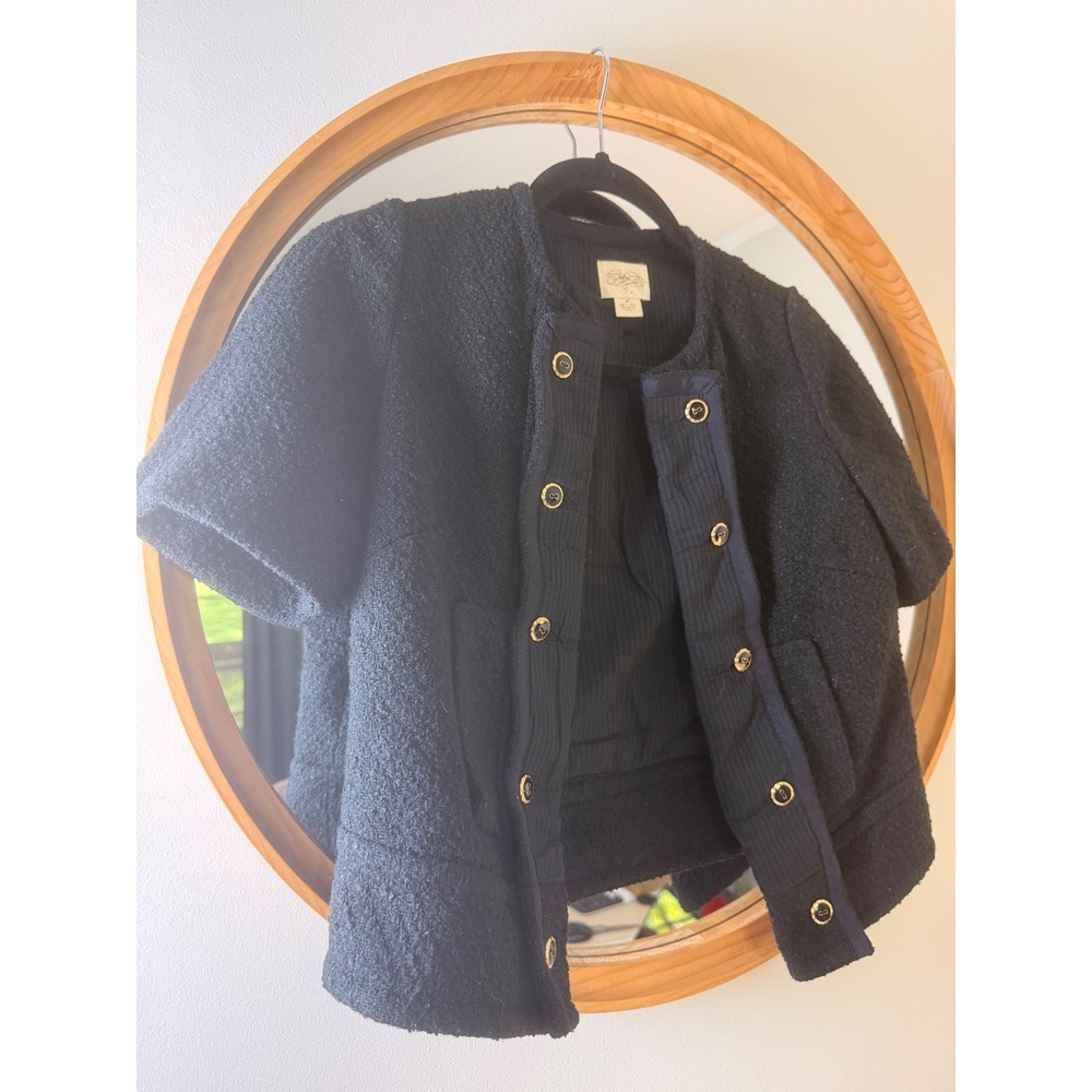 Edra Boucle Jacket Women Size 0 Black Excellent Gold Button Short Sleeve Cropped - Picture 2 of 9